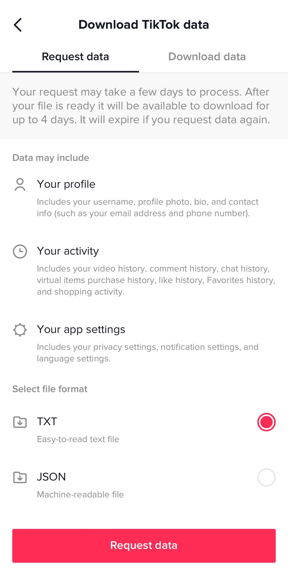 TikTok Data Download Request